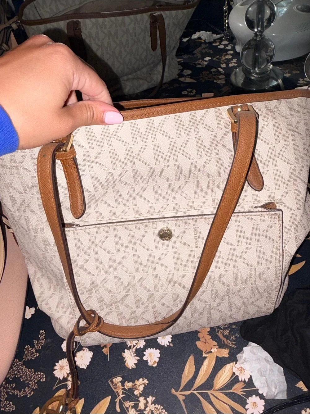 Michael Kors Cream Logo Tote with Brown Leather Trim